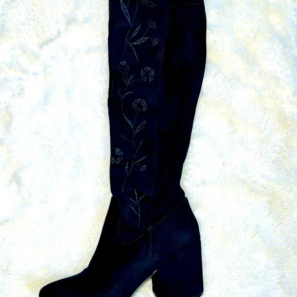 CAFE NOIR Embroidered Knee High Women’s Black Suede Boots, Italian Made EU37 US7 - Picture 4 of 8